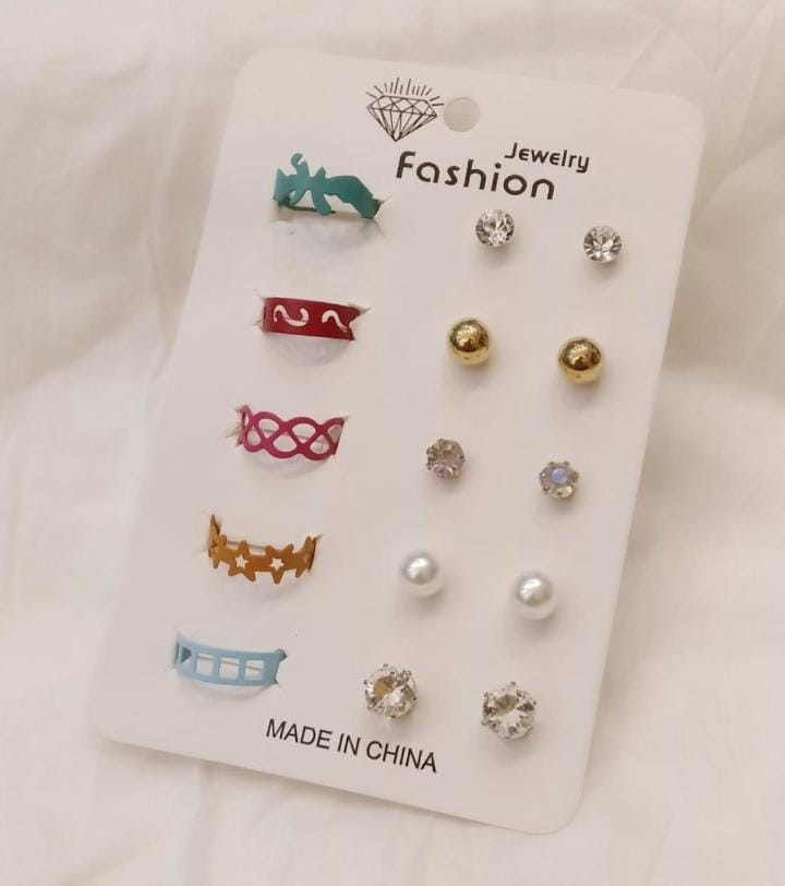 Set of 5 Rings and 5 Stud Earrings - Multi Colors Stainless Adjustable Rings For Girls