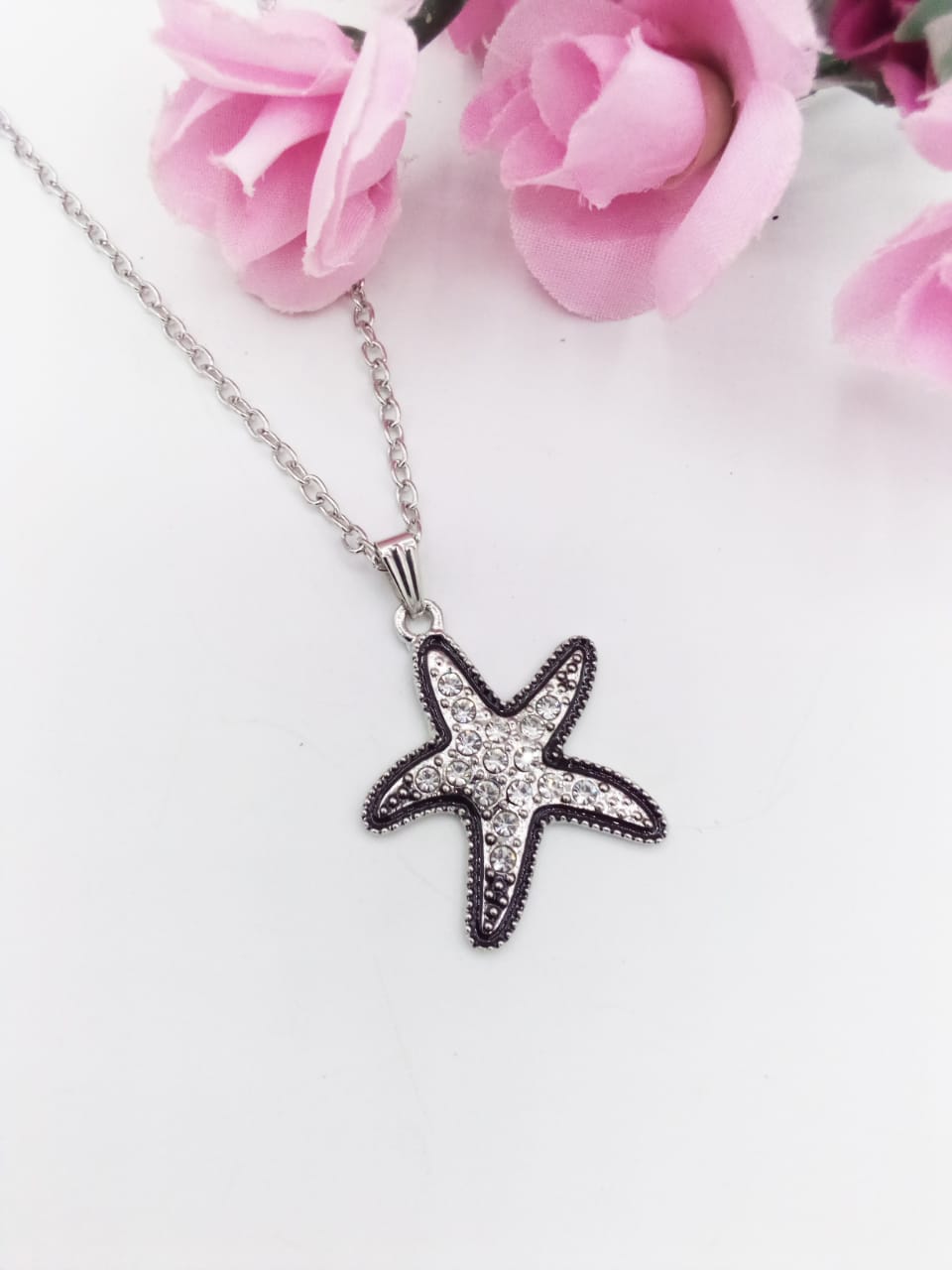 Silver Star Pendant For Women Crystal Jewelry Charm Statement Chain Necklaces
