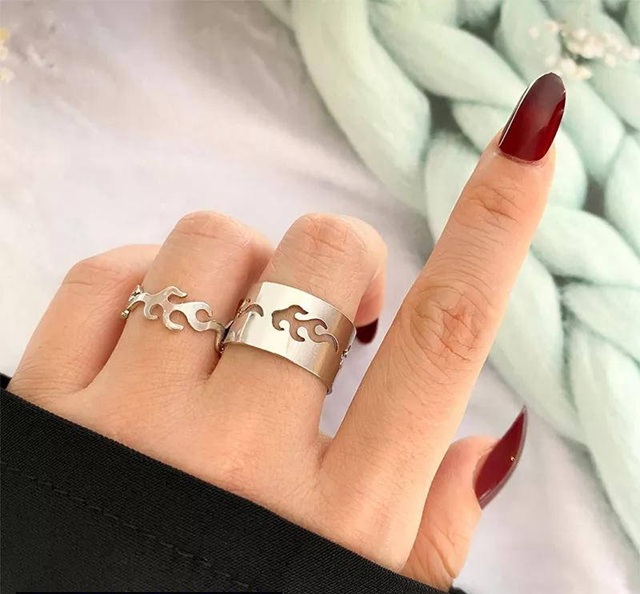 Silver Flame Design Adjustable Rings Set of 2